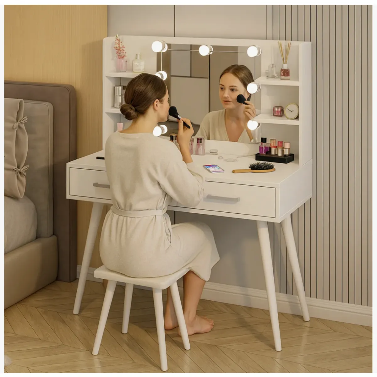 HOMER DESIGN - Tocador Con Luz Hollywood Taburete 2 Cajones 100cm De Ancho