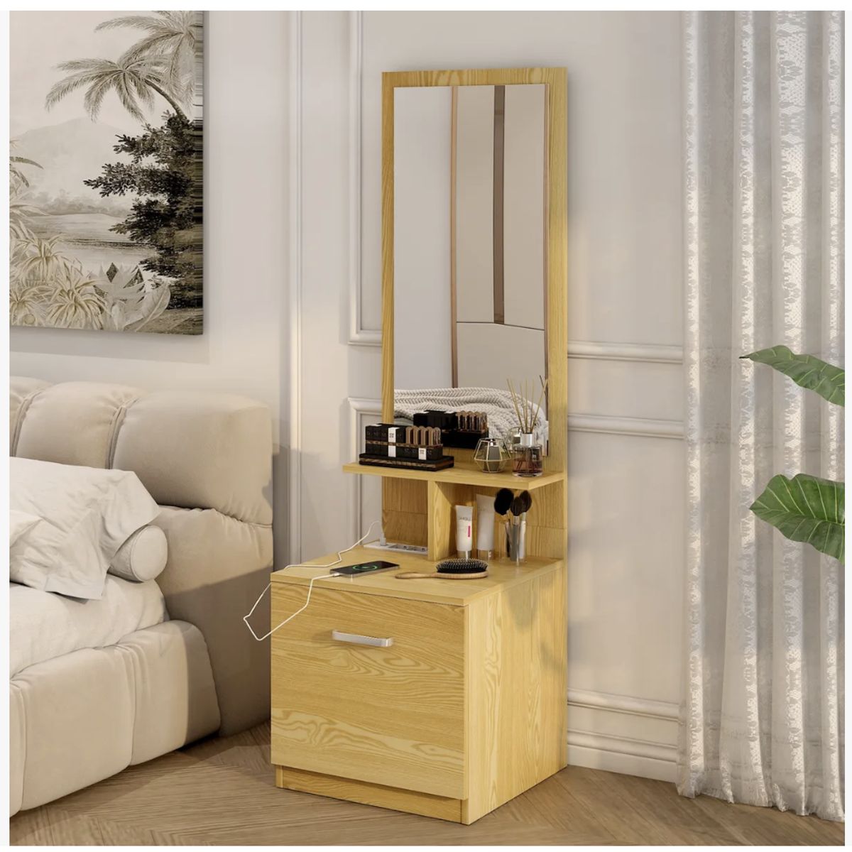 HOMER DESIGN - Velador Con Espejo Repisa Y Cajon Grande 170cm con enchufe integrado