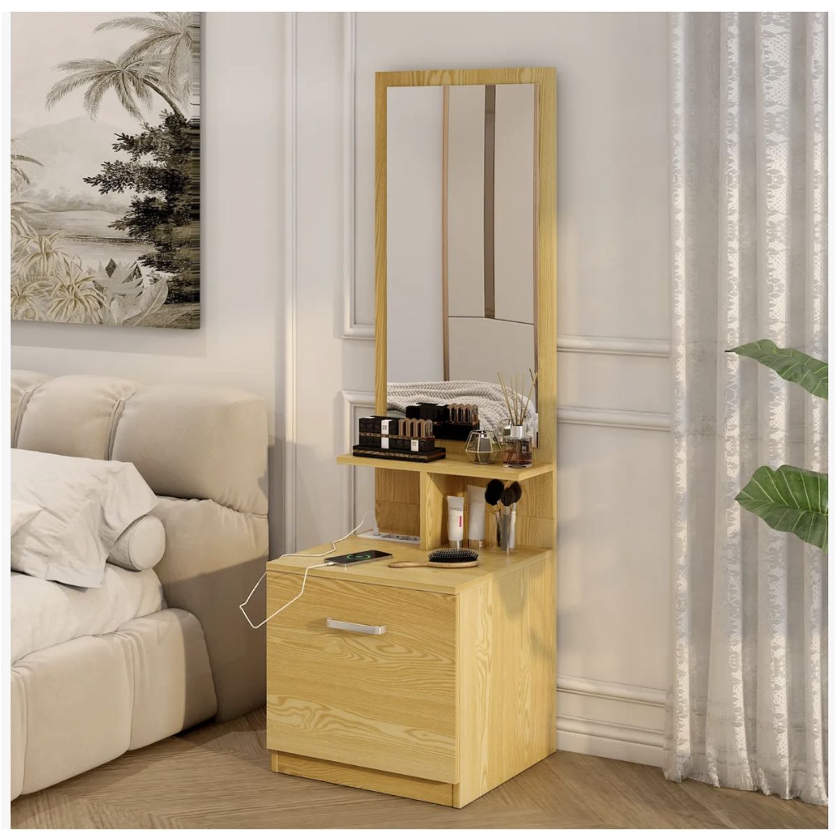 HOMER DESIGN - Velador Con Espejo Repisa Y Cajon Grande 170cm con enchufe integrado