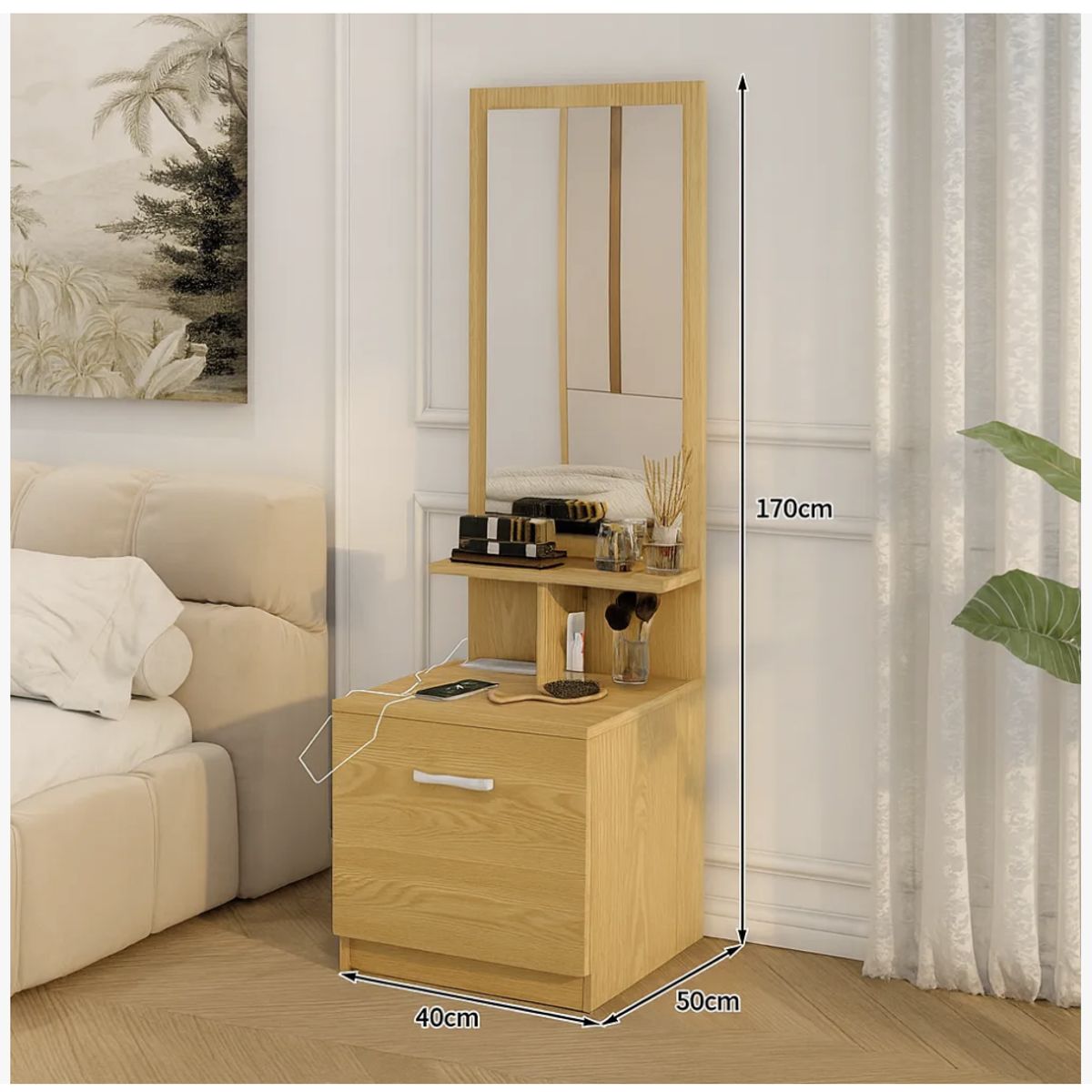 HOMER DESIGN - Velador Con Espejo Repisa Y Cajon Grande 170cm con enchufe integrado