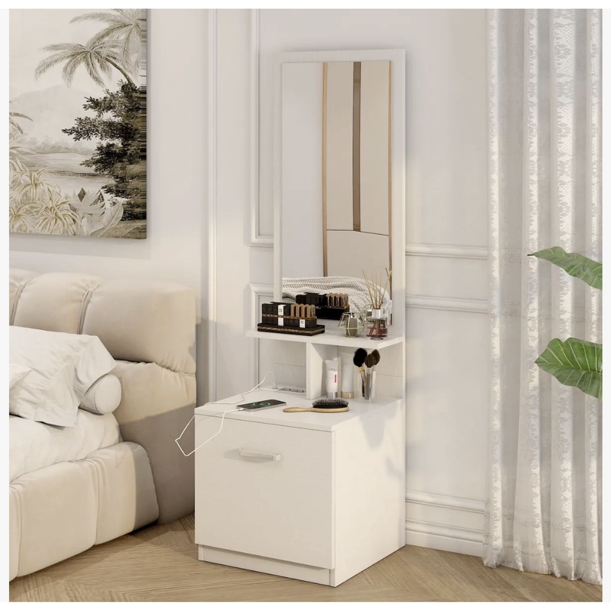 HOMER DESIGN - Velador Con Espejo Repisa Y Cajon Grande 170cm con enchufe integrado