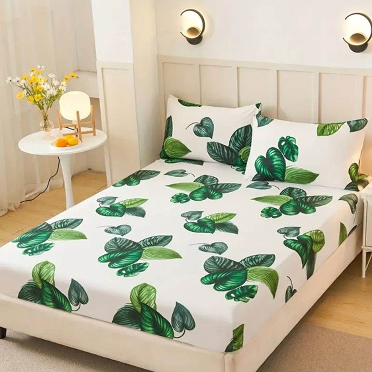 GENERICO - JUEGO DE SABANA CON DISEÑO BLANCO HOJAS KING TF SET 4 PIEZA