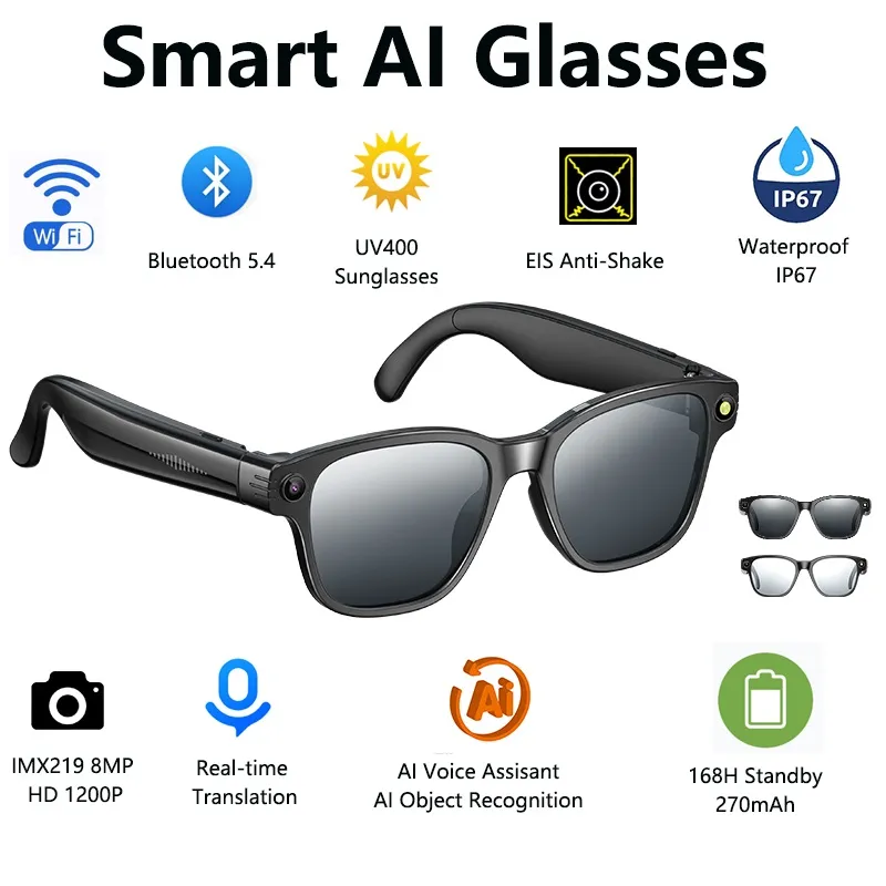 GENERICO - Gafas Inteligentes Cámara HD 8MP Video 1200P Traducción AI y Audio Estéreo