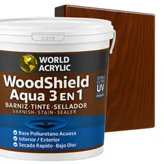 WORLD ACRYLIC - Barniz woodshield aqua 3 en 1 Galon Roble Oscuro