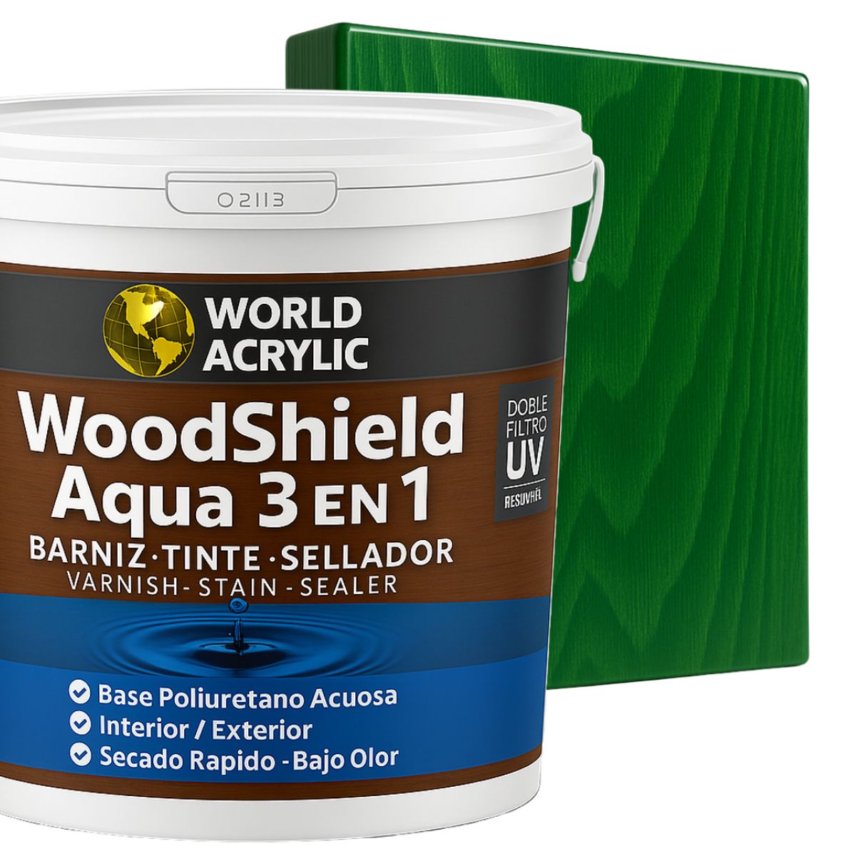 WORLD ACRYLIC - Barniz woodshield aqua 3 en 1 Galon Verde Impregnado