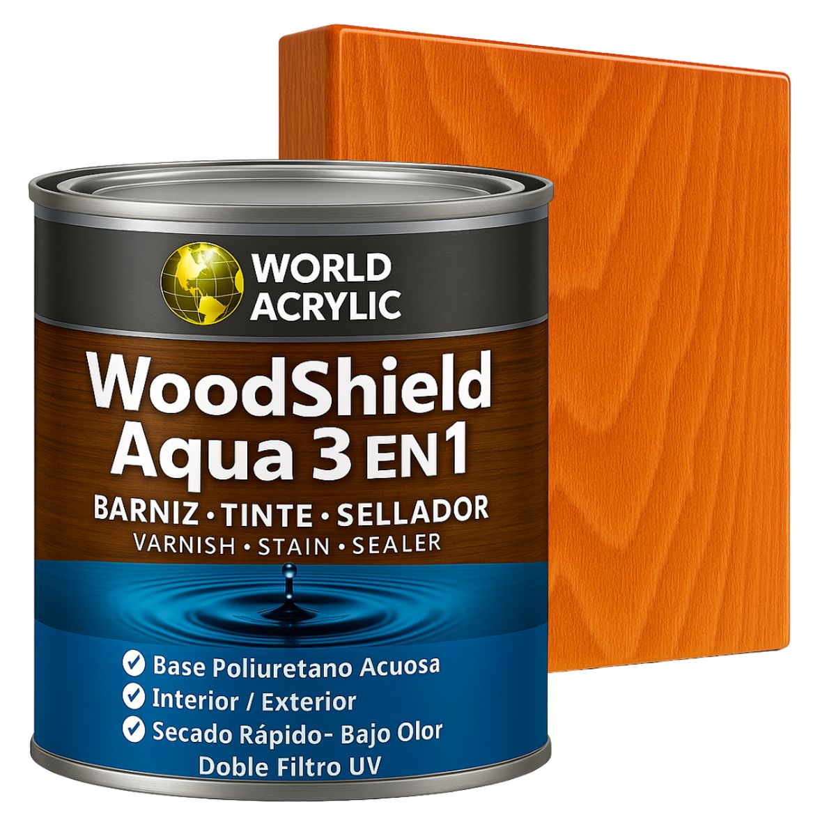 Barniz woodshield aqua 3 en 1 - 1/4 GALON ALERCE, marca WORLD ACRYLIC - Foto Principal