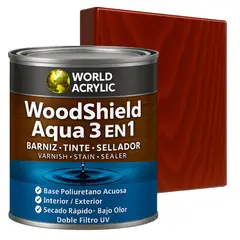 WORLD ACRYLIC - Barniz woodshield aqua 3 en 1 - 1/4 GALON Caoba
