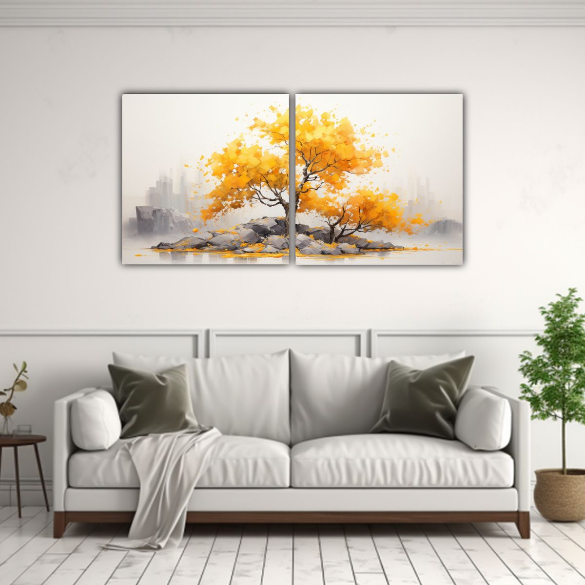 GENERICO - Arte Pared Dibujo Birch Bonsái Amarillo Y Oro 100x50 Cm