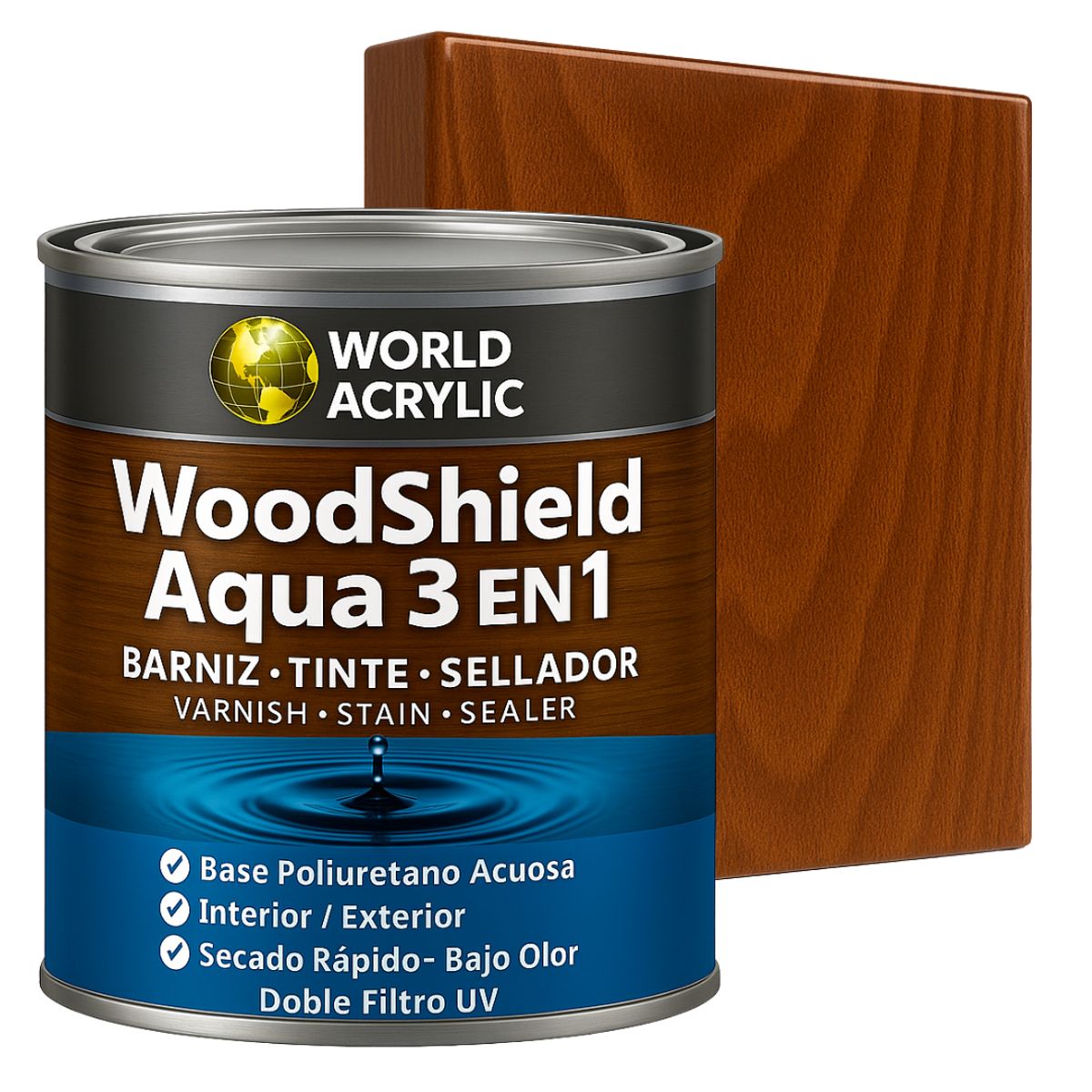 WORLD ACRYLIC - Barniz woodshield aqua 3 en 1 - 1/4 GALON CASTAÑO