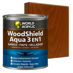WORLD ACRYLIC - Barniz woodshield aqua 3 en 1 - 1/4 GALON CASTAÑO