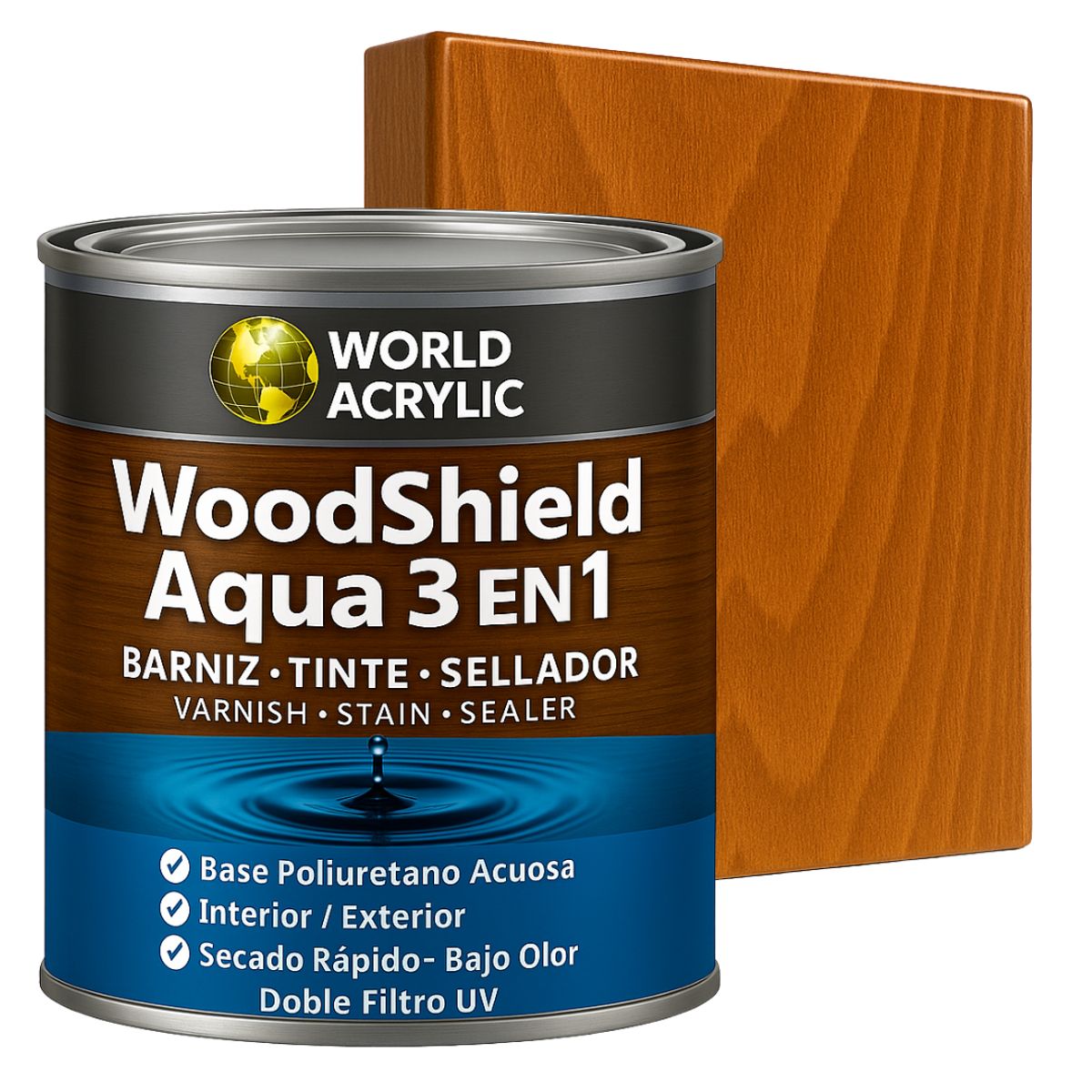 WORLD ACRYLIC - Barniz woodshield aqua 3 en 1 - 1/4 GALON MAÑIO