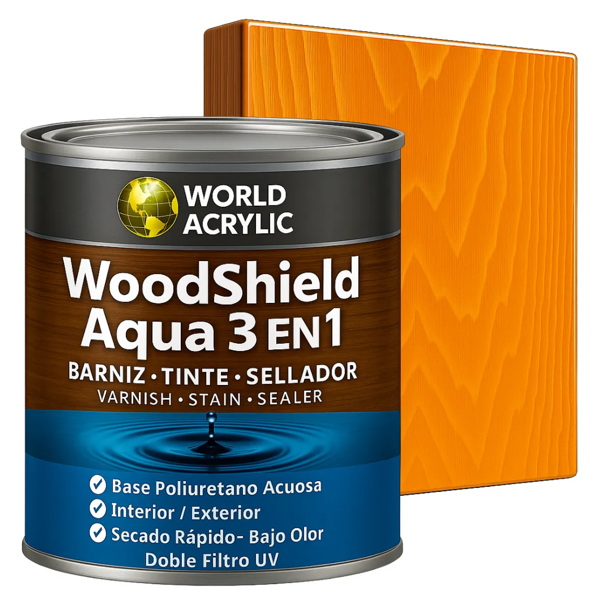 WORLD ACRYLIC - Barniz woodshield aqua 3 en 1 - 1/4 GALON Maple
