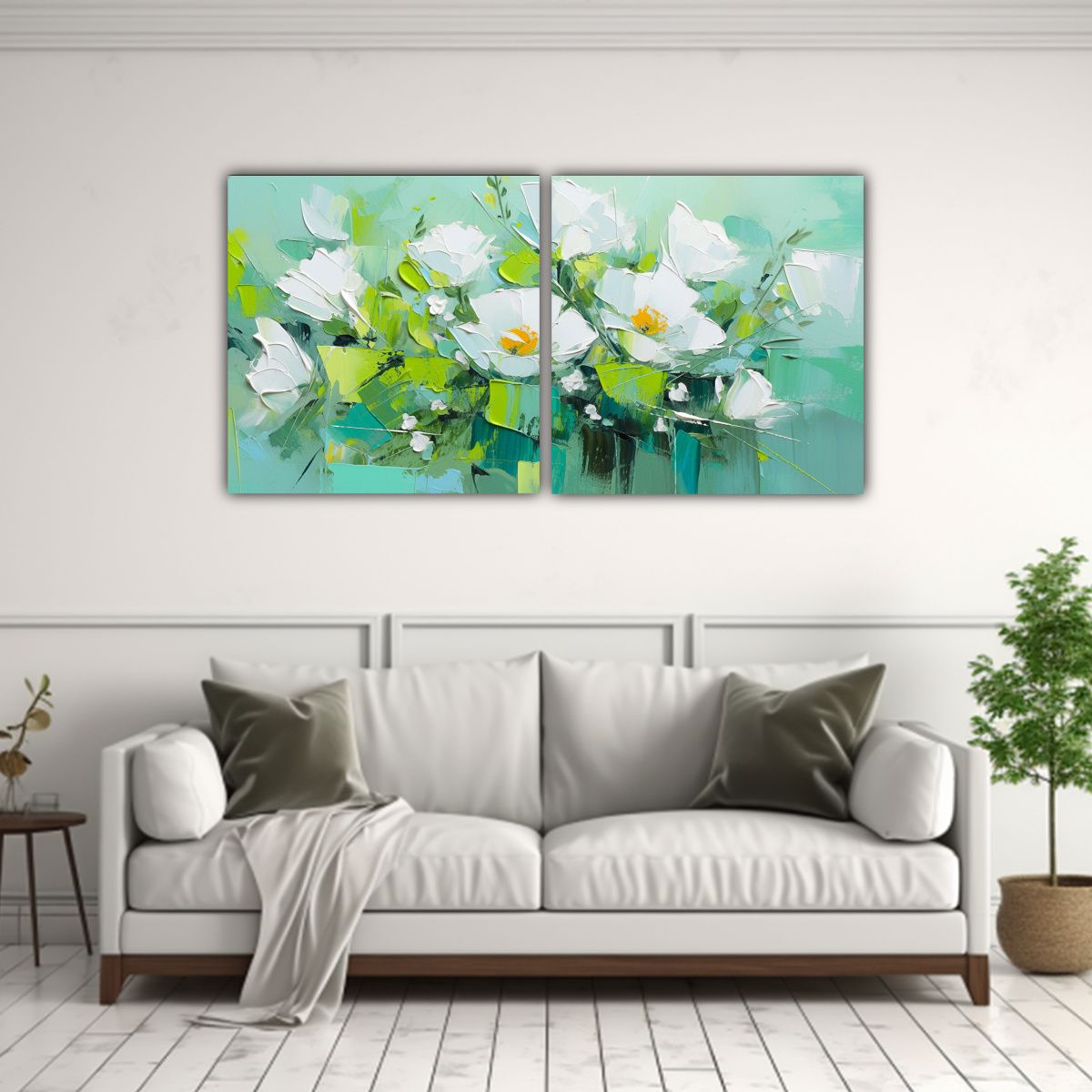 GENERICO - Cuadro Tonos Mural Verde Y Turquesa Con Flores 60x30 Cm