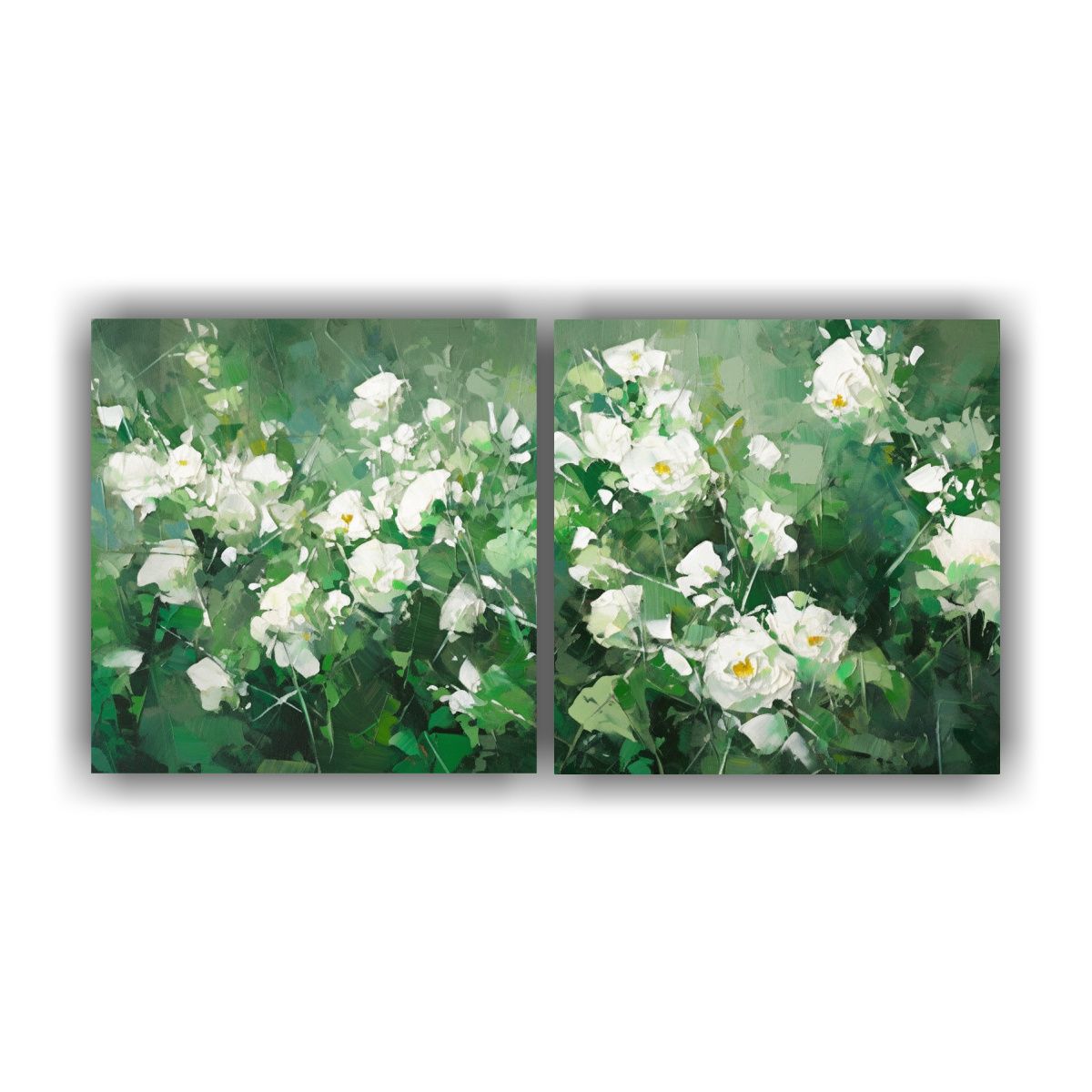 GENERICO - Díptico Flores En Colores Verde Y Blanco En 60x30 Cm