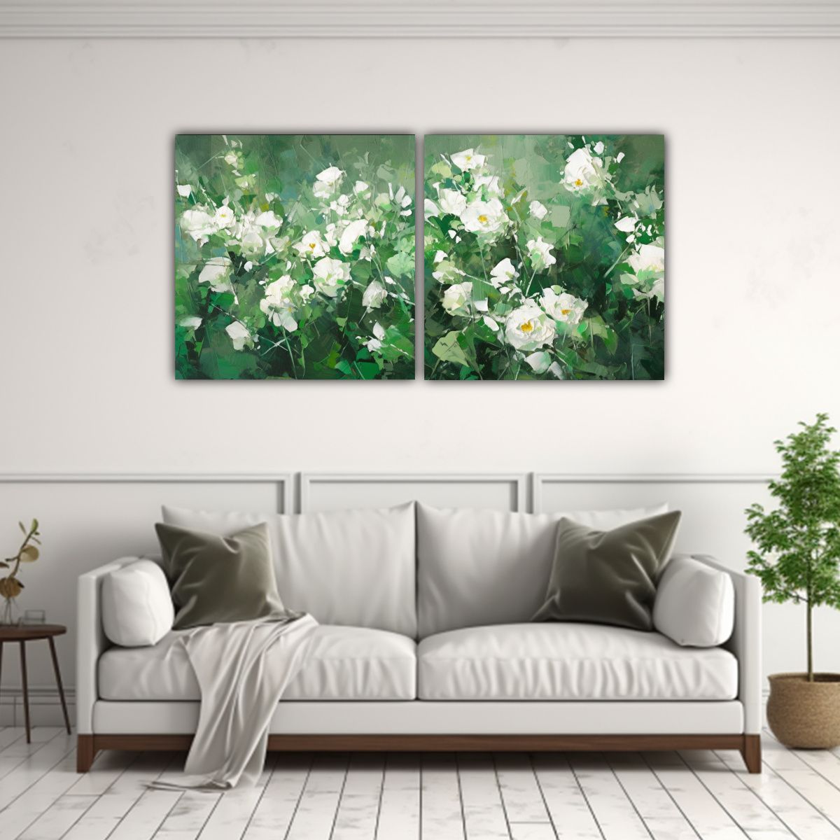 GENERICO - Díptico Flores En Colores Verde Y Blanco En 60x30 Cm