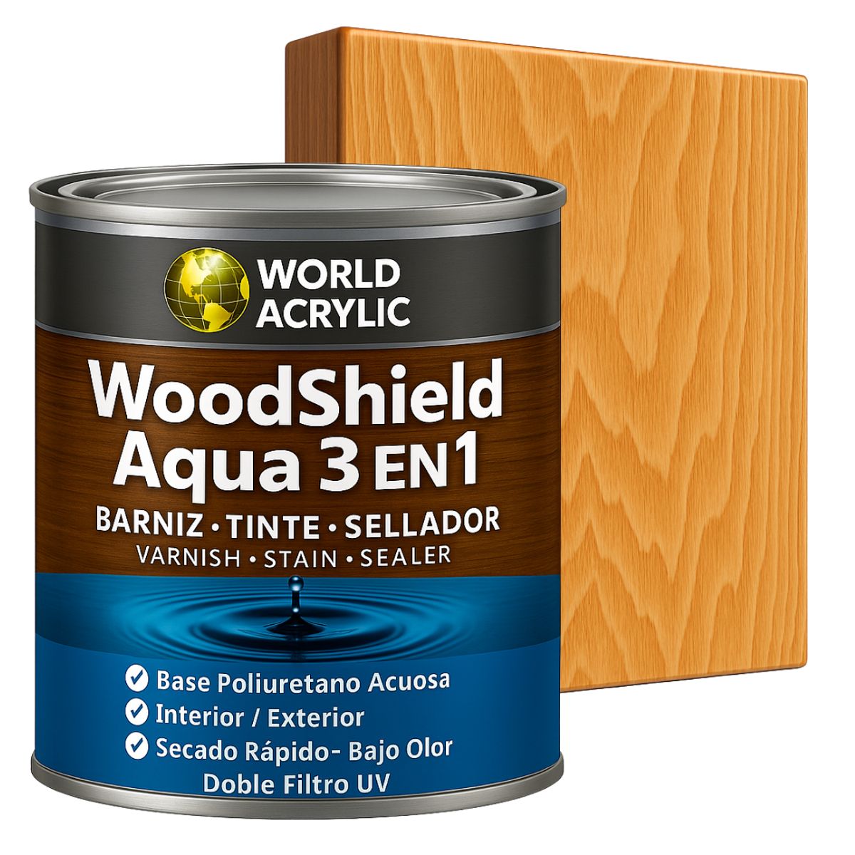 Barniz woodshield aqua 3 en 1 - 1/4 GALON Natural, marca WORLD ACRYLIC - Foto Principal