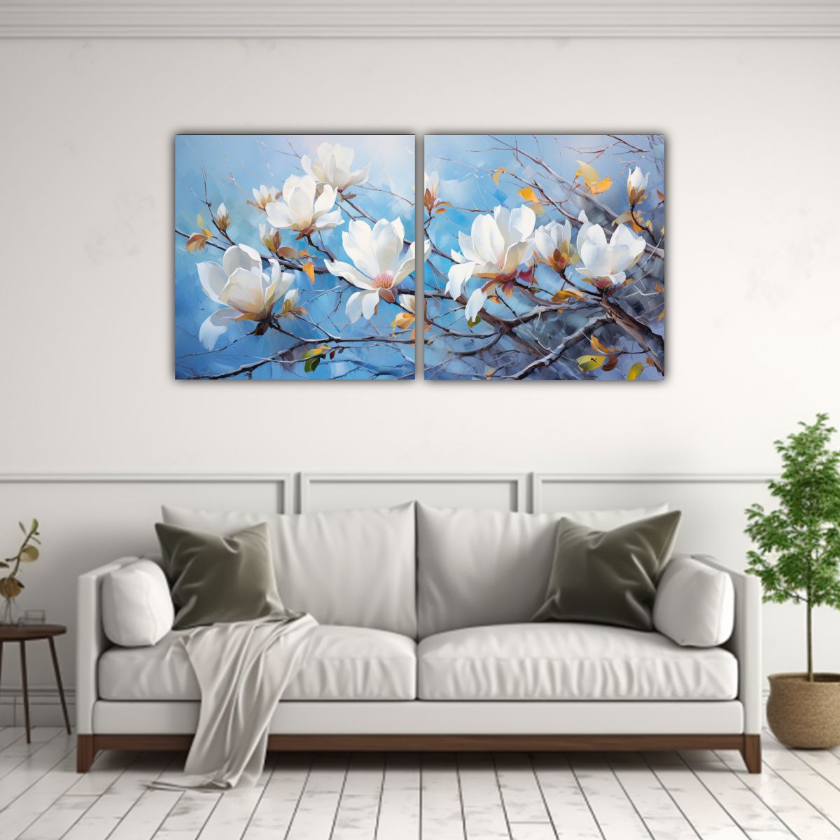 GENERICO - Pintura Abstracta Magnolias En Blanco Y Azul 80x40 Cm