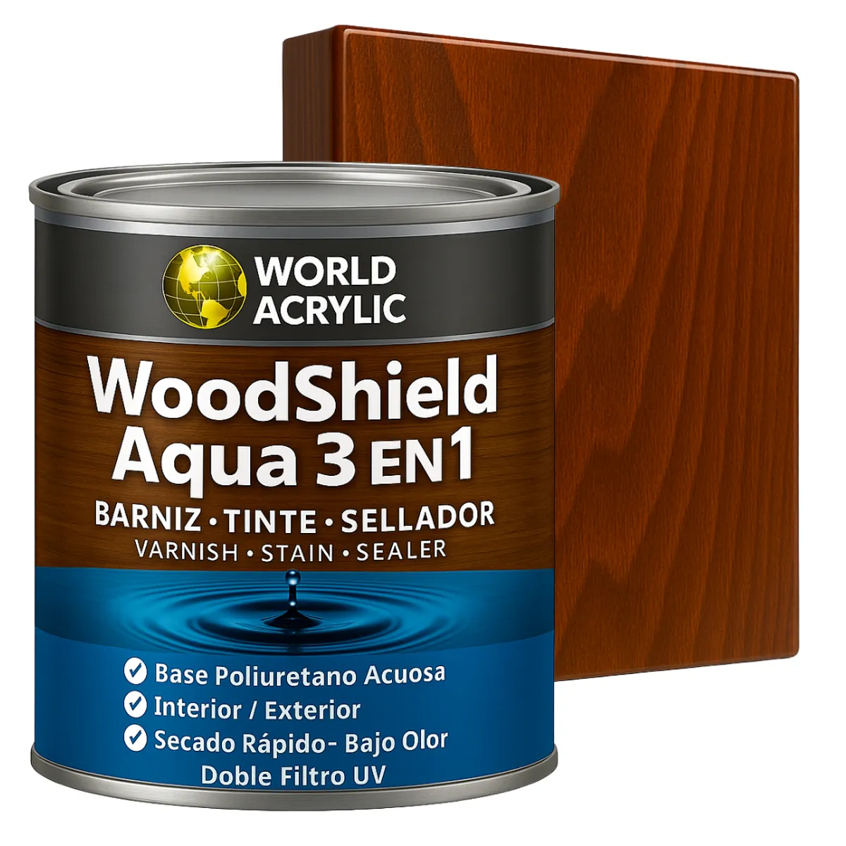 WORLD ACRYLIC - Barniz woodshield aqua 3 en 1 - 1/4 GALON Nogal