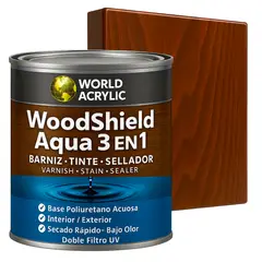 WORLD ACRYLIC - Barniz woodshield aqua 3 en 1 - 1/4 GALON Nogal