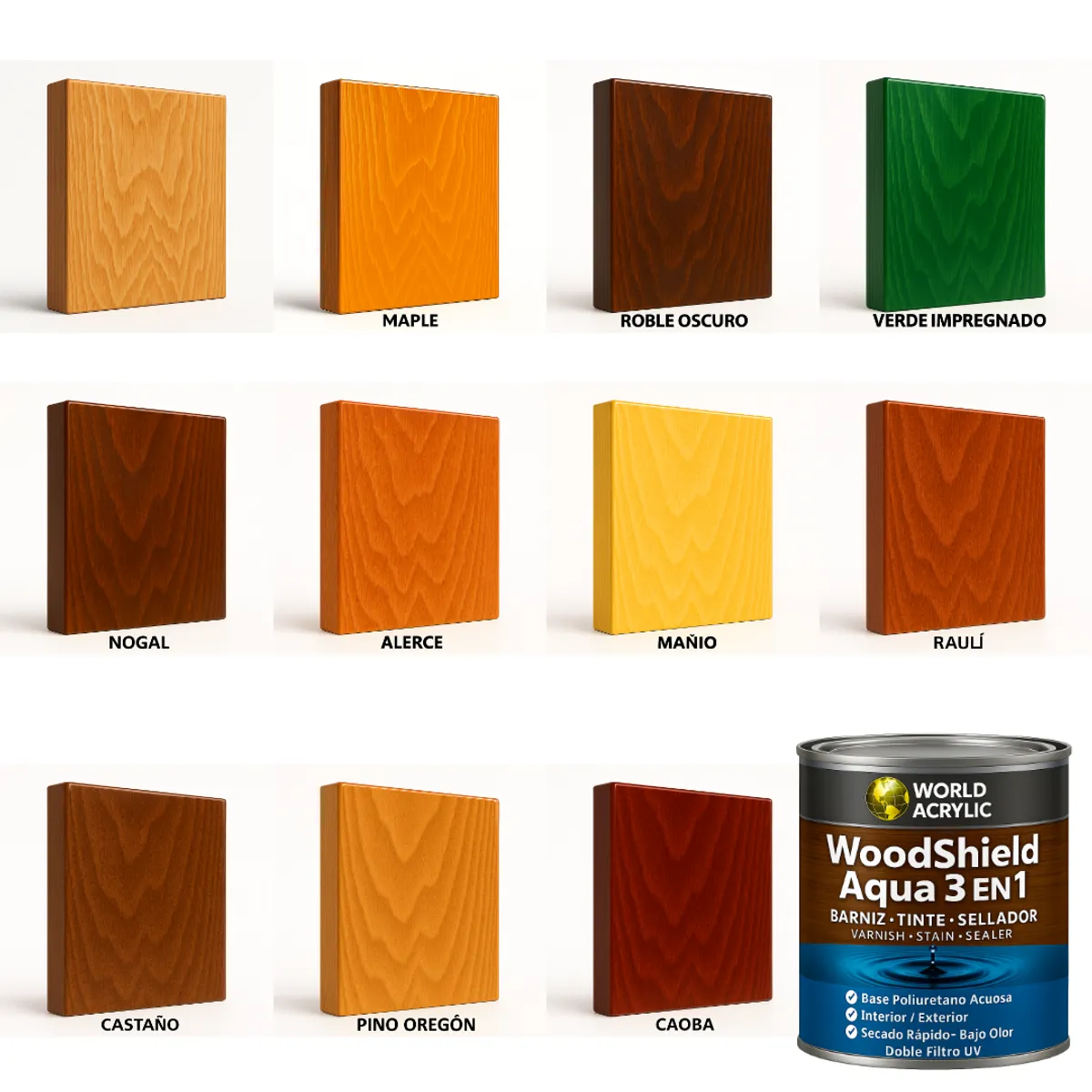 WORLD ACRYLIC - Barniz woodshield aqua 3 en 1 - 1/4 GALON Nogal