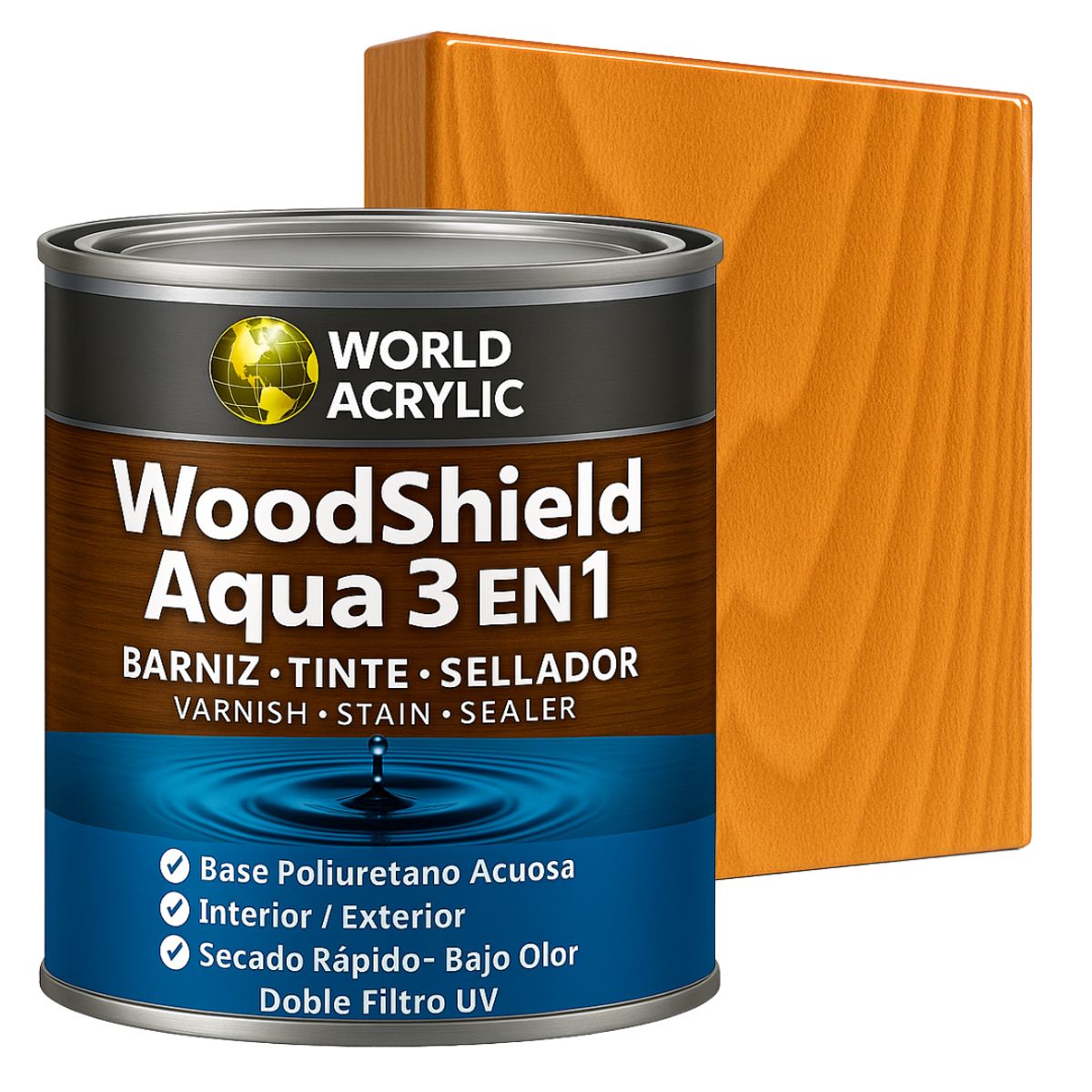 WORLD ACRYLIC - Barniz woodshield aqua 3 en 1 - 1/4 GALON PINO OREGON