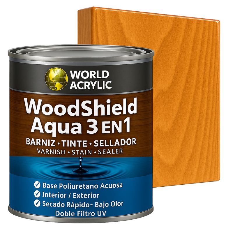 WORLD ACRYLIC - Barniz woodshield aqua 3 en 1 - 1/4 GALON PINO OREGON