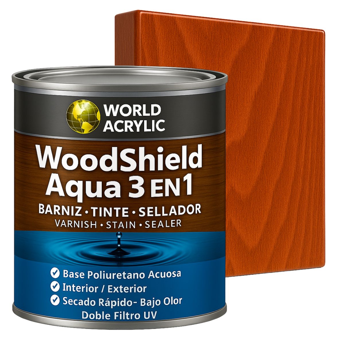 WORLD ACRYLIC - Barniz woodshield aqua 3 en 1 - 1/4 GALON Rauli