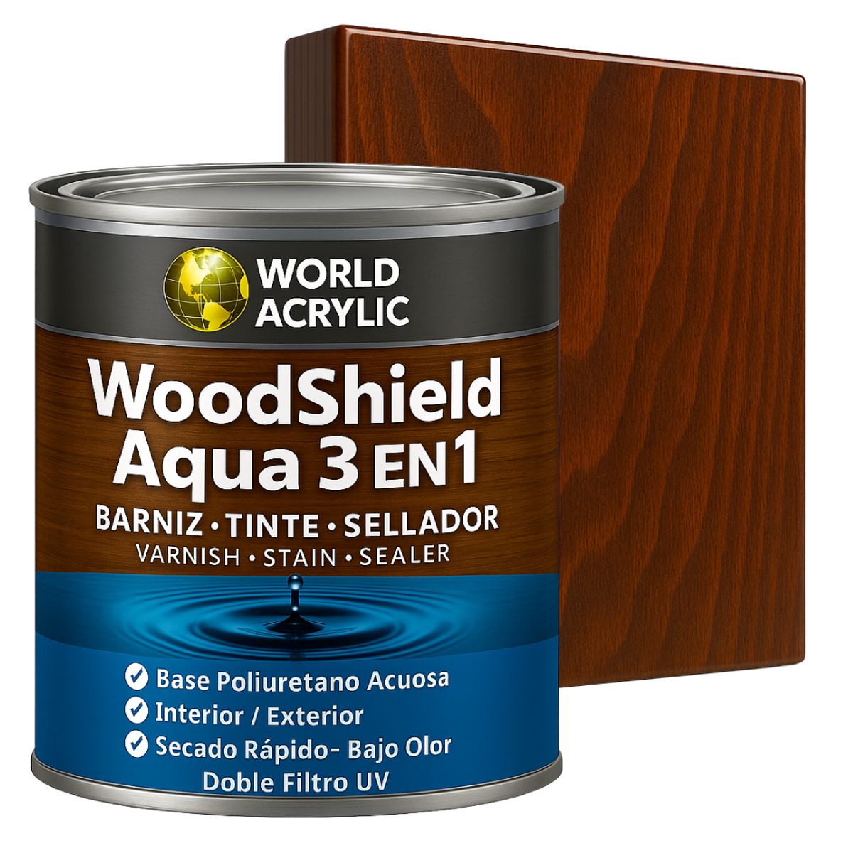 WORLD ACRYLIC - Barniz woodshield aqua 3 en 1 - 1/4 GALON ROBLE OSCURO