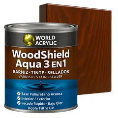 WORLD ACRYLIC - Barniz woodshield aqua 3 en 1 - 1/4 GALON ROBLE OSCURO