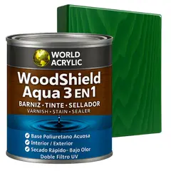 WORLD ACRYLIC - Barniz woodshield aqua 3 en 1 - 1/4 GALON VERDE IMPREGNADO