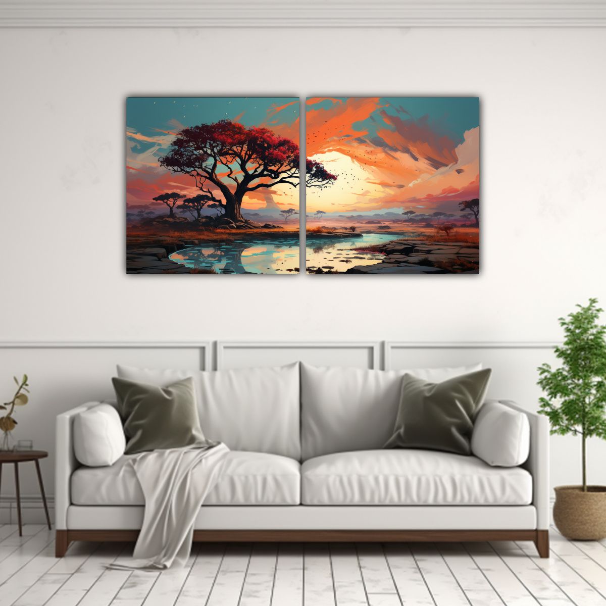 GENERICO - Paisaje Abstracto Con árbol Rojo Y Turquesa En 60x30 Cm