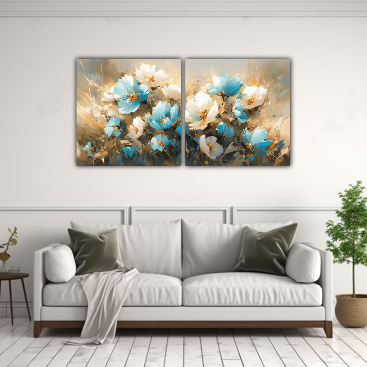 GENERICO - Pintura En Lienzo Turquesa Y Oro Con Flores En 100x50 Cm