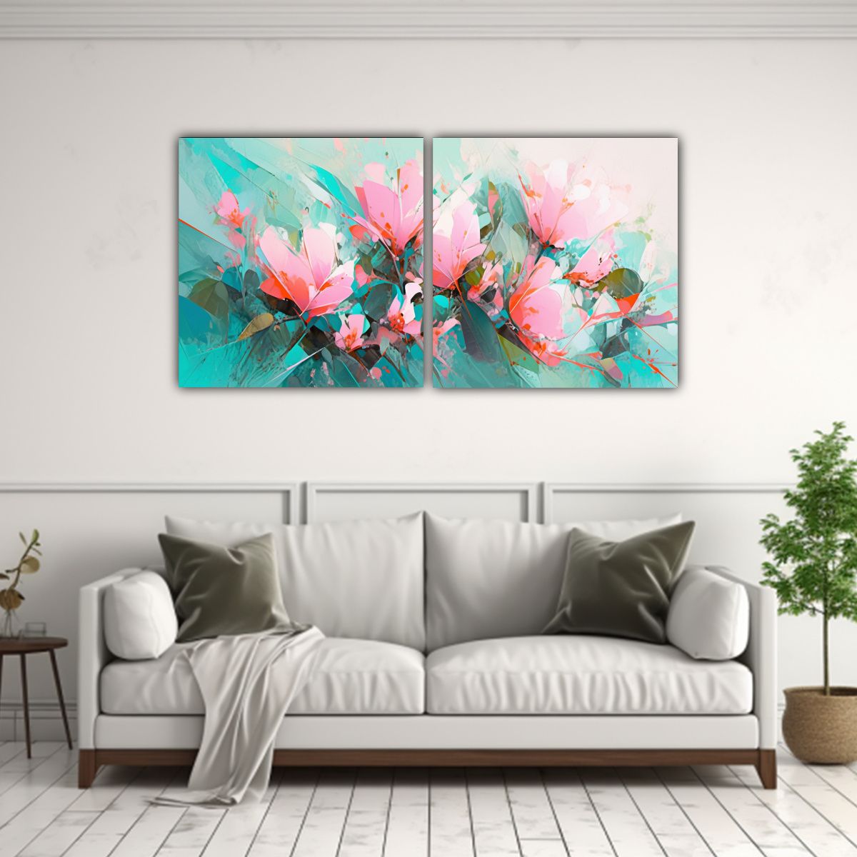 GENERICO - Arte De Pared Con Flores Turquesa Y Rosa En Lienzo 60x30 Cm