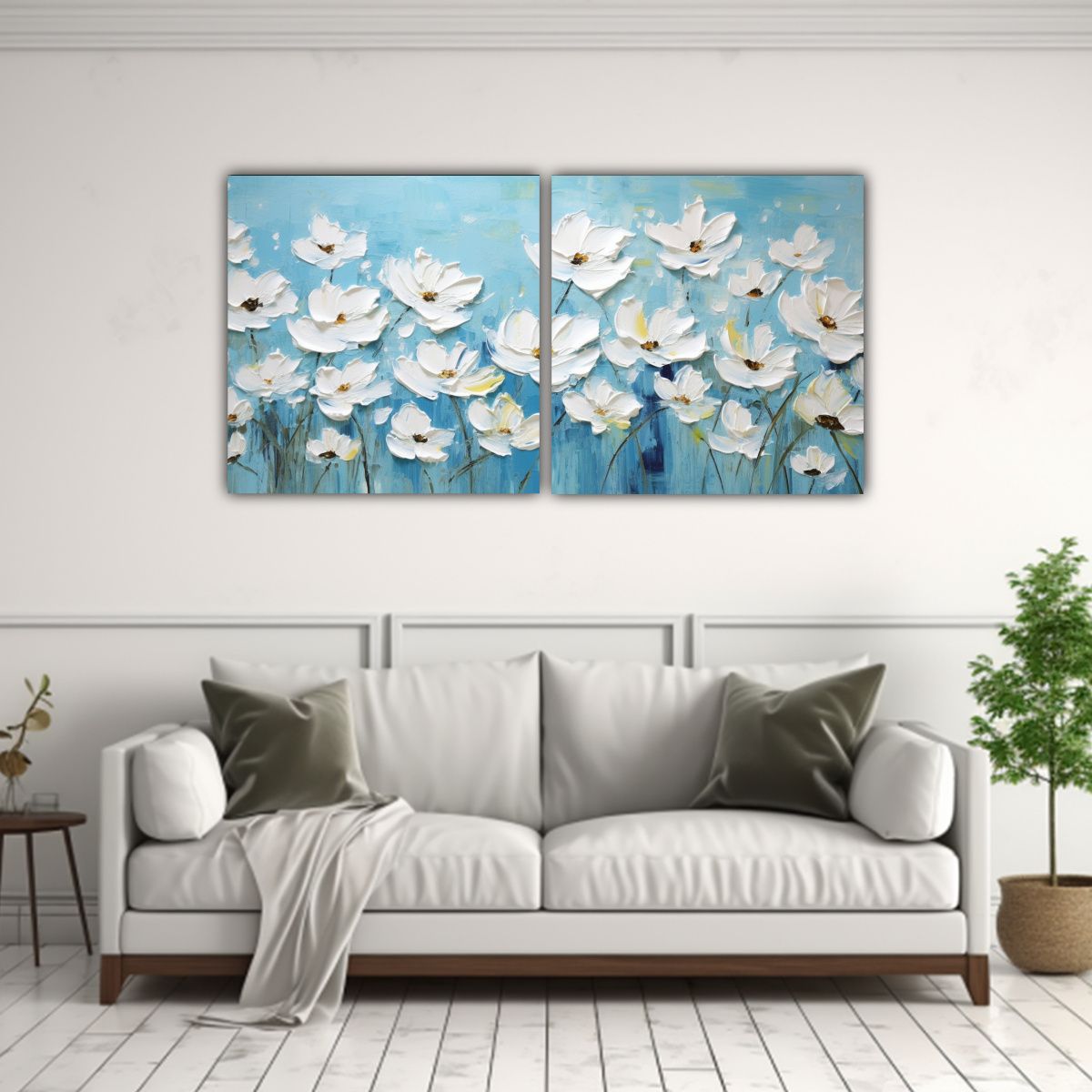 GENERICO - Pintura De Flores En Lienzo A White AND Turquoise 60x30 Cm
