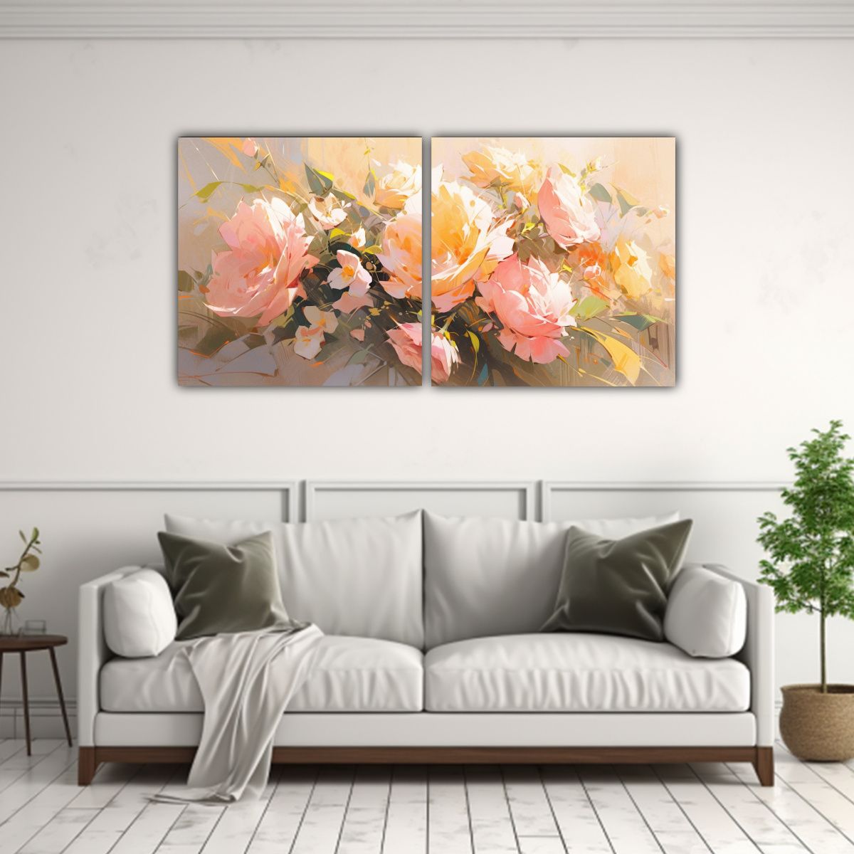 GENERICO - Pintura Floral Amarilla Y Rosada En Lienzo Para 60x30 Cm