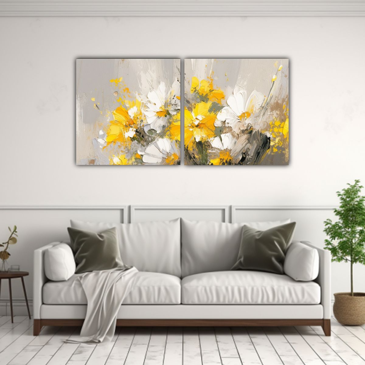 GENERICO - Cuadro Lienzo Tela Sala Flores Amarillo Y Plateado 60x30 Cm