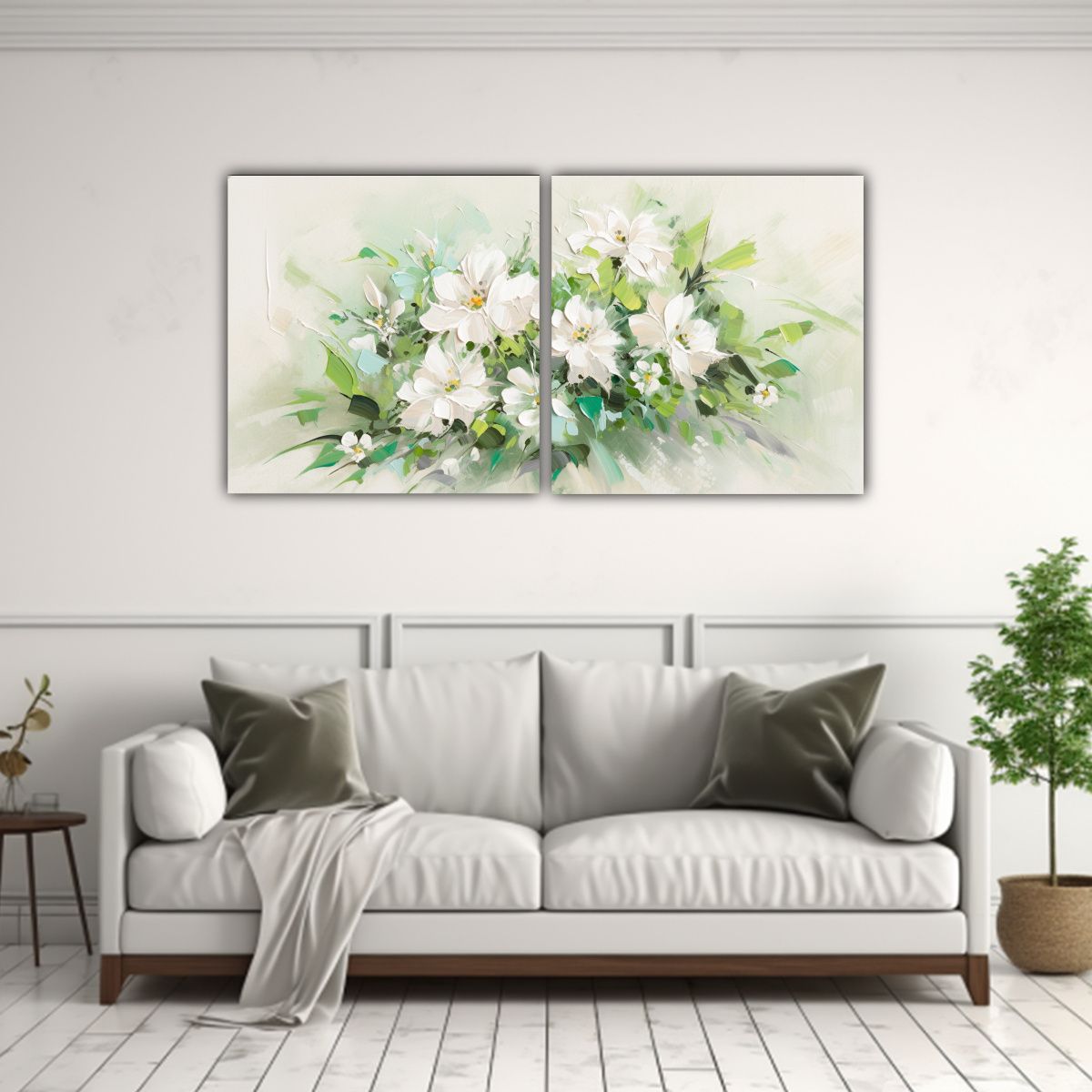 GENERICO - Cuadro De Flores En Lienzo Verde Y Blanco 80x40 Cm