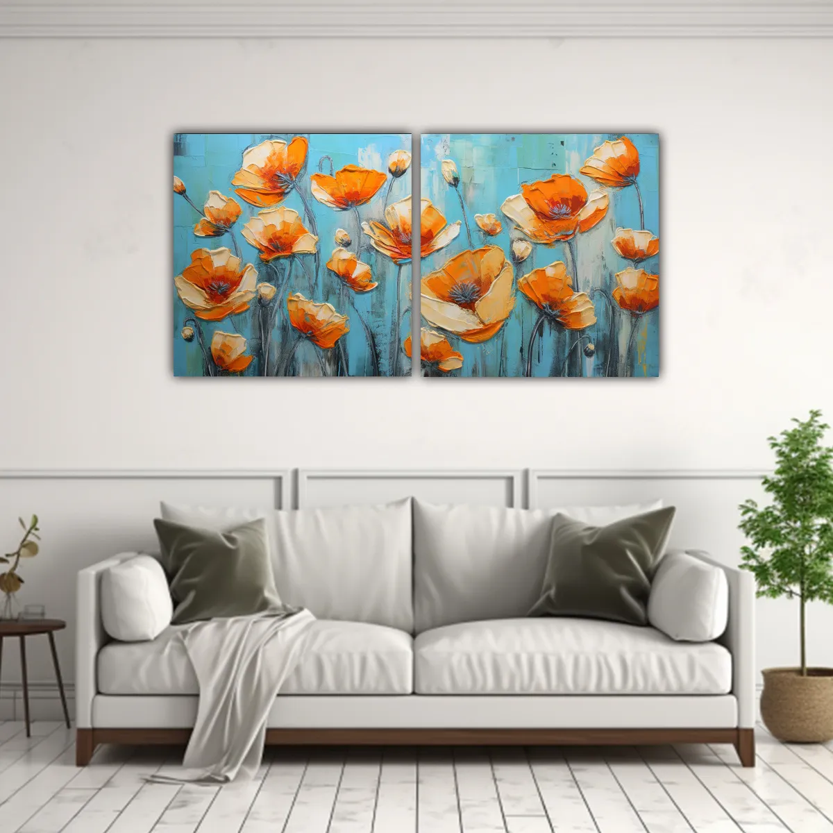 GENERICO - Pintura En Lienzo Con Flores En Colores Naranja Y 80x40 Cm