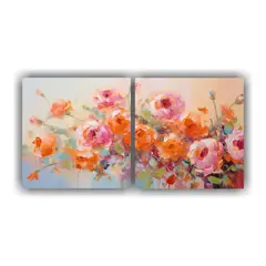 GENERICO - Díptico Floral En Colores Naranja Y Rosa Para 60x30 Cm