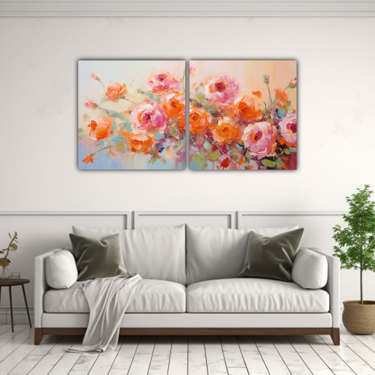 GENERICO - Díptico Floral En Colores Naranja Y Rosa Para 60x30 Cm