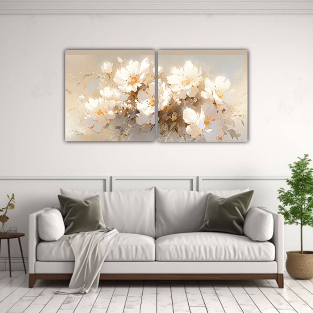 GENERICO - Set 2 Lienzos Creativa Floral Blanco Y Dorado 100x50 Cm
