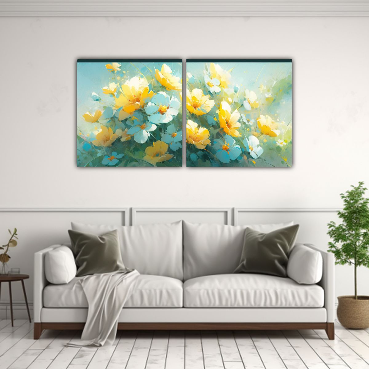 GENERICO - Exposición De Flores Amarillas Y Cian En Lienzo 80x40 Cm