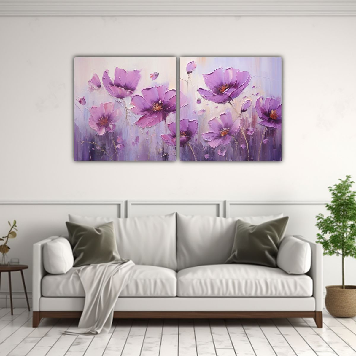 GENERICO - 2 Pintura Flores Púrpura Arte Conceptual 80x40 Cm