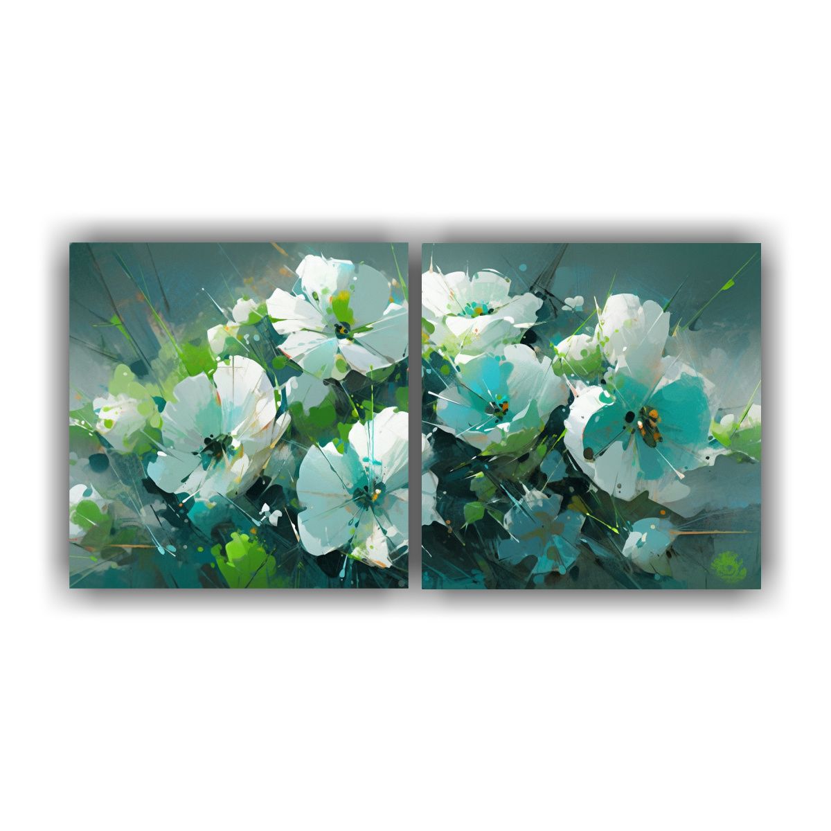 GENERICO - Cuadro Horizontal Motivo A Flores En Verde Y Cyan 60x30 Cm