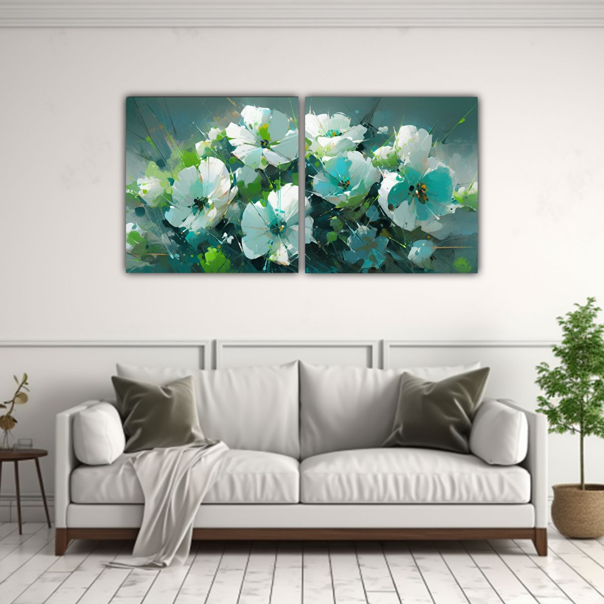 GENERICO - Cuadro Horizontal Motivo A Flores En Verde Y Cyan 60x30 Cm