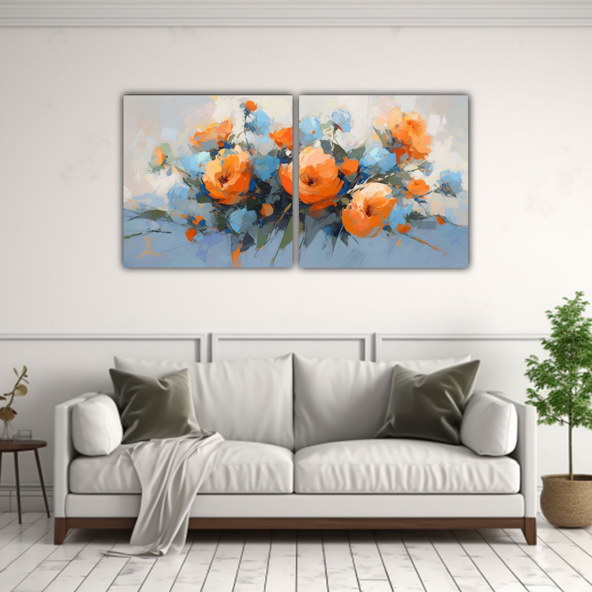 GENERICO - Cuadros Modernos De Flores En Naranja Y Azul Para 100x50 Cm