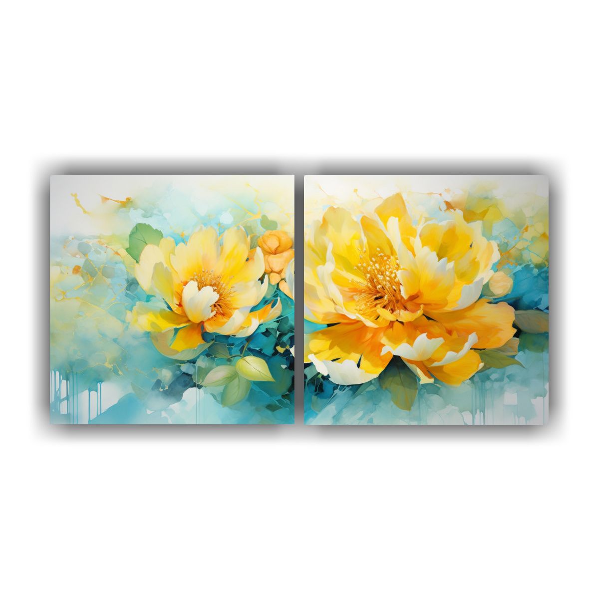 GENERICO - Lienzos Acuarela Peonías Amarillas Y Turquesa 100x50 Cm