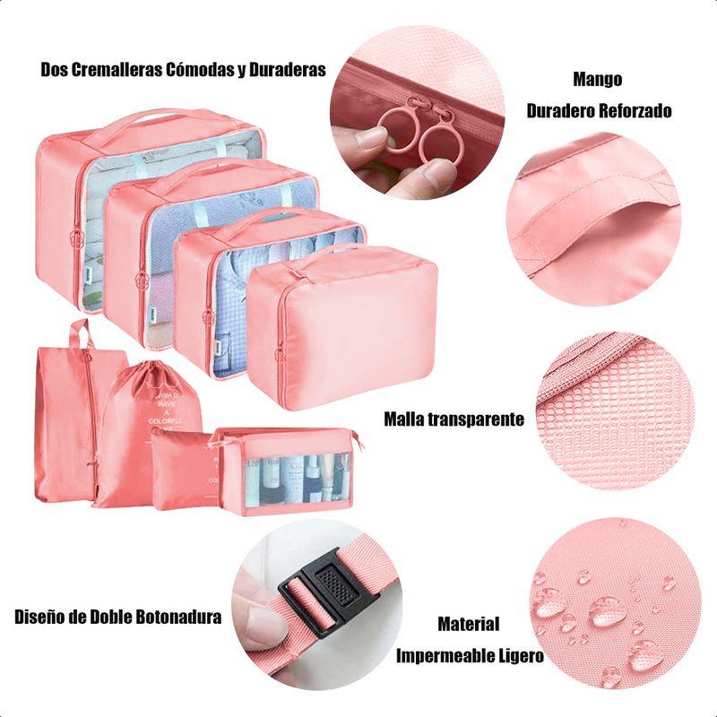 SUPERCENTER - Bolsas Viaje 8 En 1 Bolsas Organizadoras Viaje Maleta Rosa