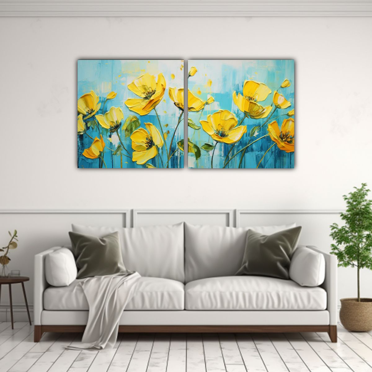 GENERICO - Cuadros Inspiradores De Flores Amarillas Y Cian 80x40 Cm