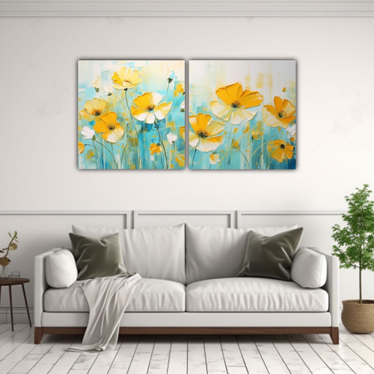 GENERICO - Pintura En Lienzo De Flores Amarillas Y Turquesas 60x30 Cm